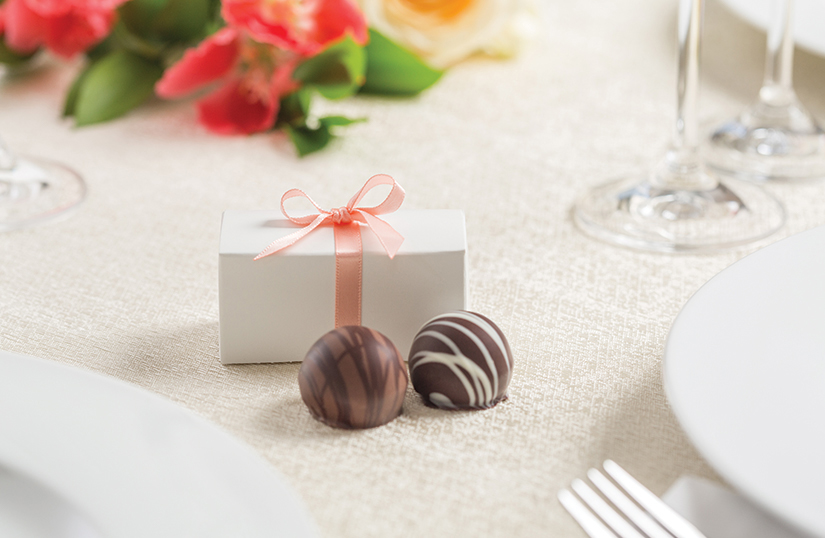 a chocolate fovor shown with a coral ribbon